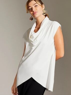 Lavinia Stretch Jersey Modal Ponte Cowl Neck Short Sleeve Crossover High-Low Hem